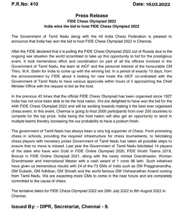 Tamilnadu CM Stalin tweets about Chennai hosting 44th Chess Olympiad