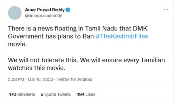  BJP Functionary tweets TN Govt to ban The Kashmir Files