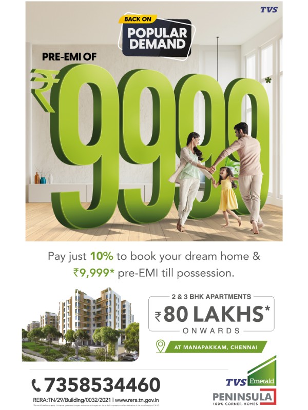 buy your own house in TVS Emerald Peninsula for 9999 rs per month in chennai manapakkam