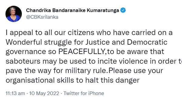 Chandrika Kumaratunga warns on military rule in Srilanka 