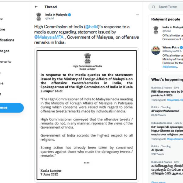 Indian envoy explains to Malaysia on comments against Prophet issue 