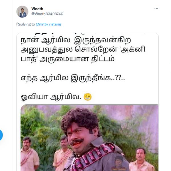 Netizens teasing actor Natty Natraj in twitter for agneepath tweet 