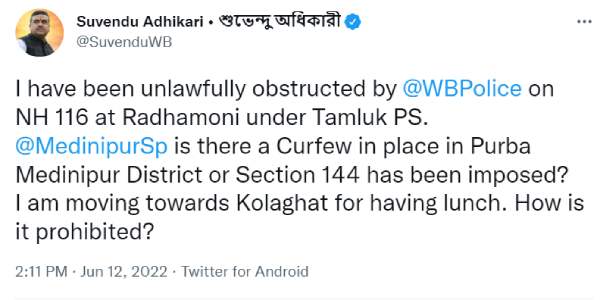 Prophet row: WB Police stops BJPs Suvendu Adhikari to visit Howrah 