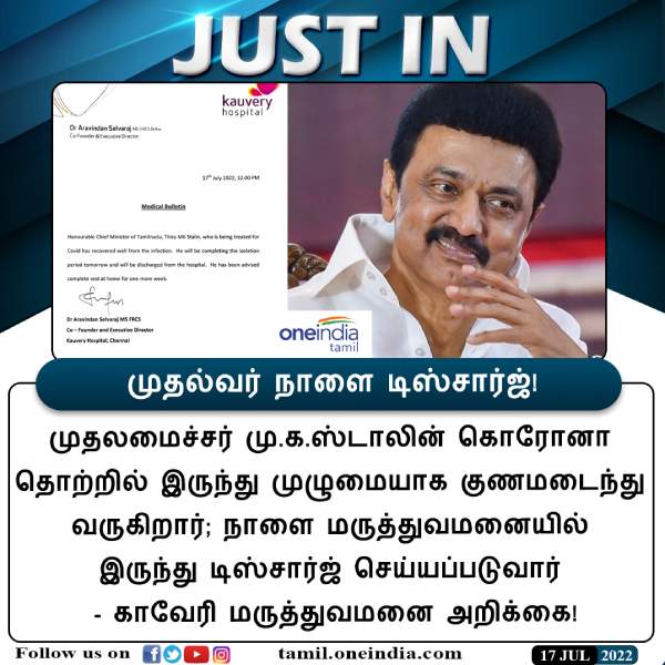 Kaveri Hospital has released a statement that Chief Minister M.K.Stalin will be discharged tomorrow Kaveri Hospital has released a statement that Chief Minister M.K.Stalin will be discharged tomorrow
