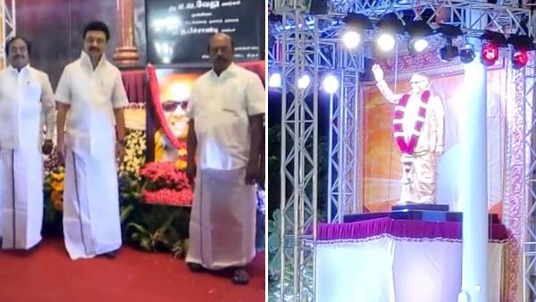 MK Stalin unveils Karunanidhi statue in tiruvannamalai MK Stalin unveils Karunanidhi statue in tiruvannamalai