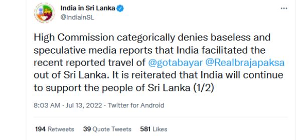 Srilankas Indian High Commission denies facilitate for Gotabaya flee from Country 
