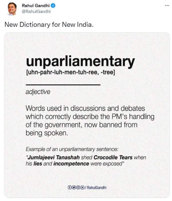 Congress MP Rahul Gandhi’s tweet on unparliamentary words in Parliament