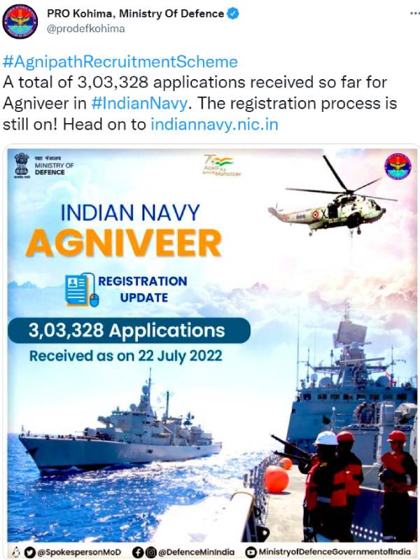 Indian Navy Receives 3,03,328 Applications Under Agnipath Scheme Indian Navy Receives 3,03,328 Applications Under Agnipath Scheme