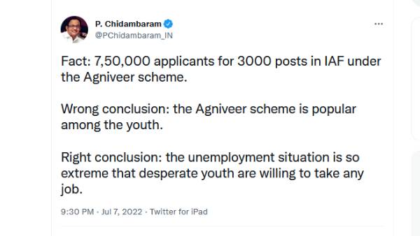 P.Chidambaram slams Centre Claims on Agniveer scheme applicants 