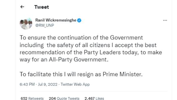 பிரதமர் ரணில் ராஜினாமா 