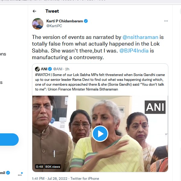 BJP is Manufacturing a controversy says Karti chidambaram in Twitter BJP is Manufacturing a controversy says Karti chidambaram in Twitter