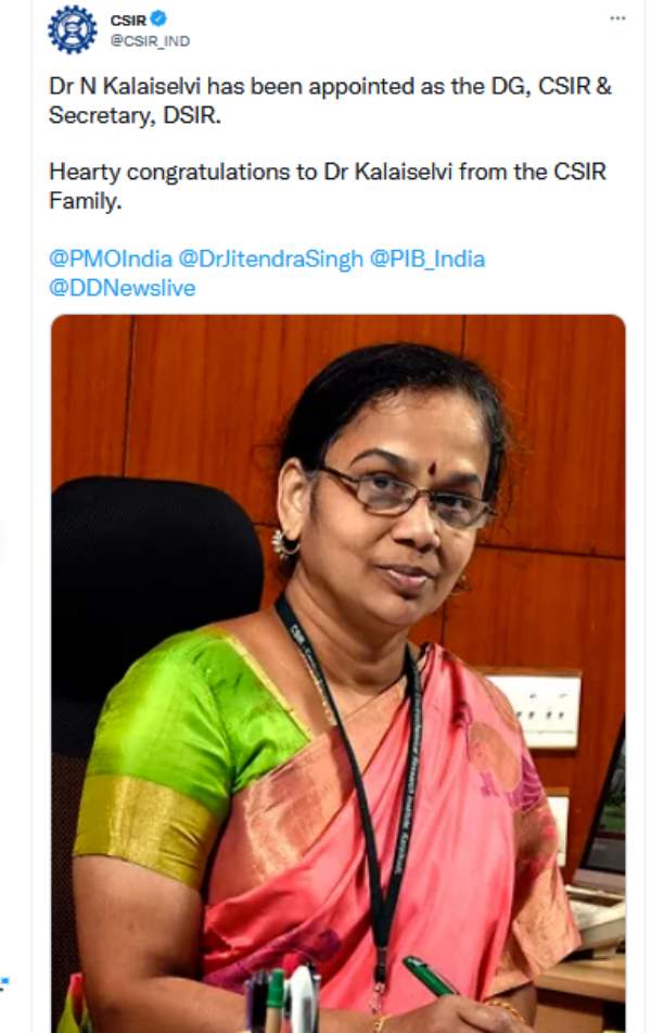  Kalaiselvi from TN becomes the first woman director general in CSIR 