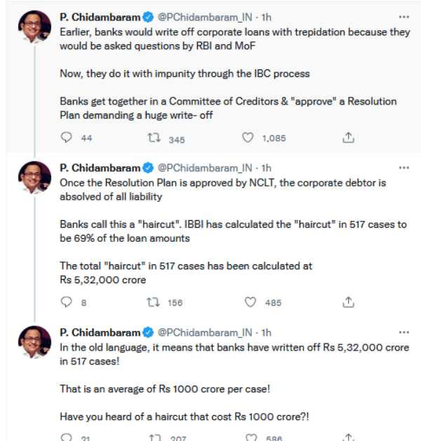 Senior Congress leader P Chidambaram tweeted that banks have waived off 5 lakh crore loans to corporates. 