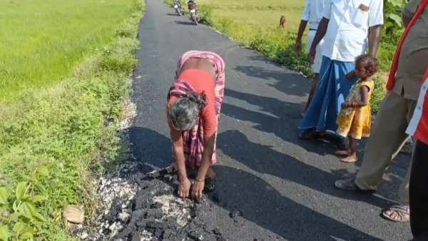 Old Woman Dismantles Newly Constructed Road In Tiruvannamalai 