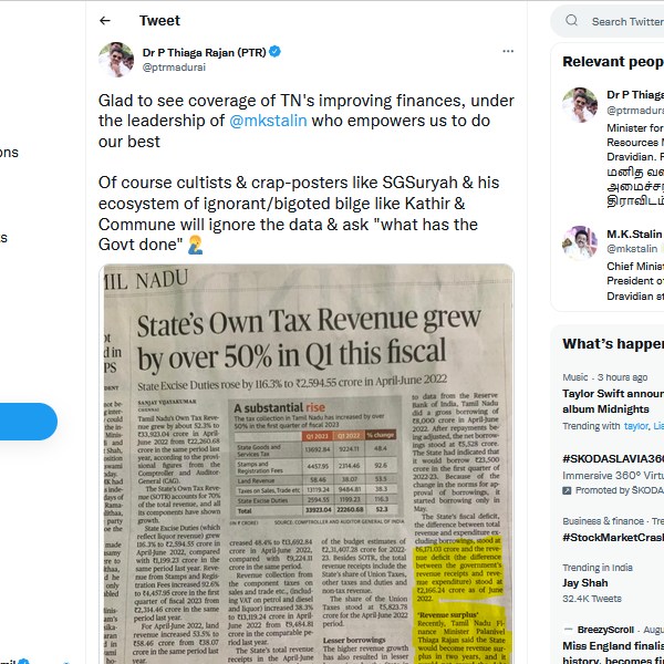 PTR Palanivel ThiagaRajan tweets on states Tax Revenue increase 