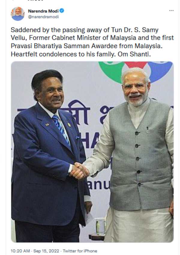 PM Modi, CM MK Stalin condole Demise of Malaysia Tamil leader Tun SamyVellu PM Modi, CM MK Stalin condole Demise of Malaysia Tamil leader Tun SamyVellu