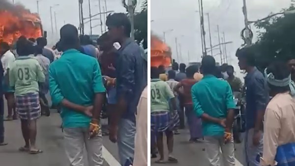 In Dindigul govt bus catch fire after collided with bike and killed +2 student In Dindigul govt bus catch fire after collided with bike and killed +2 student