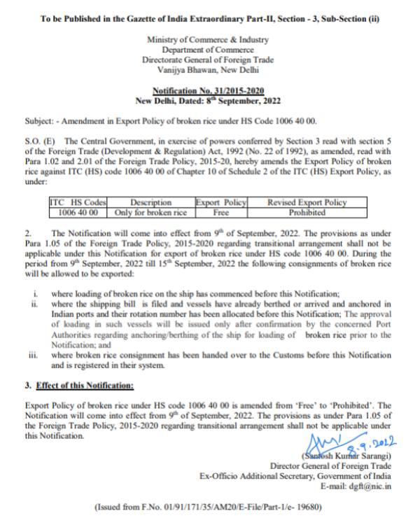 India bans export of broken rice with effect India bans export of broken rice with effect