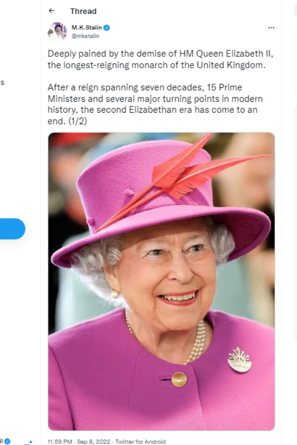Tamilnadu CM Stalin tweeted his tribute to Britains Queen Elizabeth II Tamilnadu CM Stalin tweeted his tribute to Britains Queen Elizabeth II