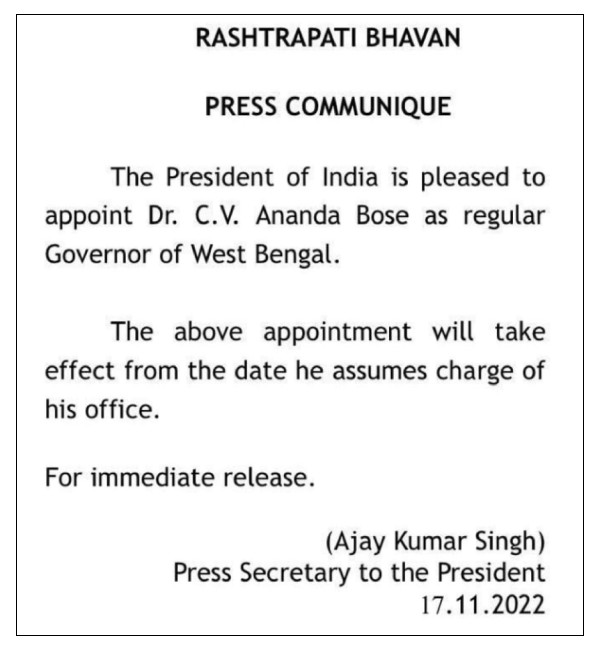 Former IAS CV Ananda Bose appointed West Bengal Governor Former IAS CV Ananda Bose appointed West Bengal Governor
