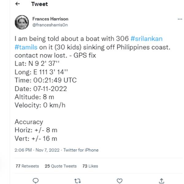 A Ship with 317 Eelam tamils sinking off Philippines coast?