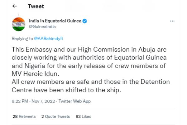 Closely Working on early release of 16 Indian sailors of of MV Heroic Idun: Indian Mission Closely Working on early release of 16 Indian sailors of of MV Heroic Idun: Indian Mission