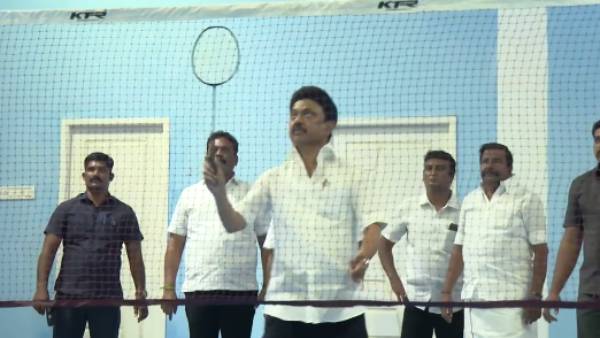 Chief Minister MK Stalin plays badminton with students at Kolathur 