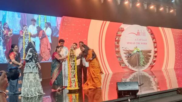 Minister Anbil Mahesh went to sharjah book fair along govt school students Minister Anbil Mahesh went to sharjah book fair along govt school students