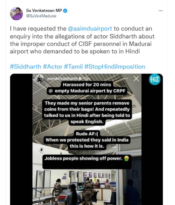 Hindi Row: Su.Venkataesan MP demans probe on CISF personnel for clash with Actor Siddharth 