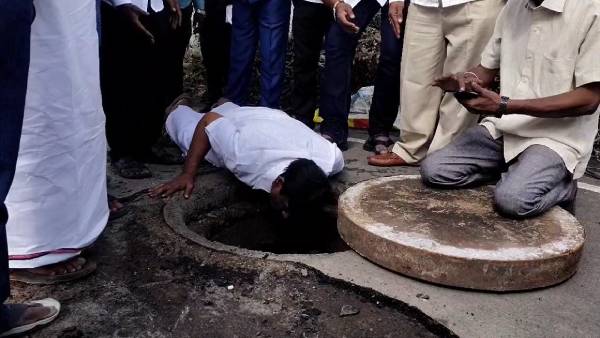  நடுரோட்டில் படுத்து ஆய்வு