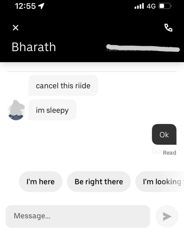 டிரைவர் மெசேஜால் கேன்சல் செய்த பெண்