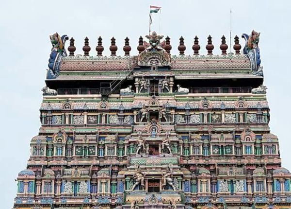 Republic day National flag flying at Chidambaram Natarajar temple tower