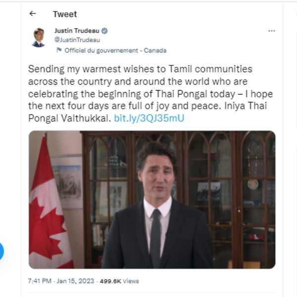 Canadian PM Justin Trudeau wishes happy Pongal in Tamil 