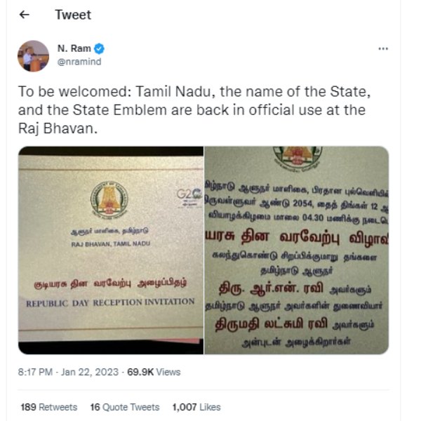 RajBhavan mentions Tamilnadu, Thiruvalluvar year in Republic Day Invitiation 