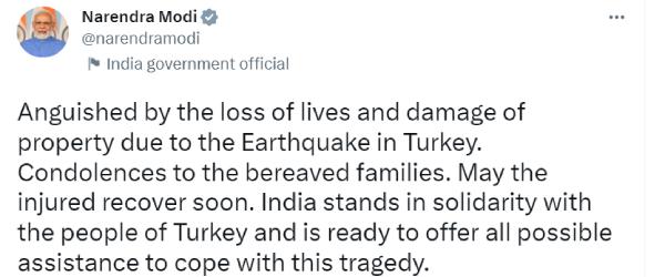 PM Modi condoles loss of lives due to Earthquake in Turkey, Syria 