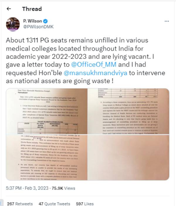  Neet: 1311 PG seats waste in medical colleges- DMK MP Wilson