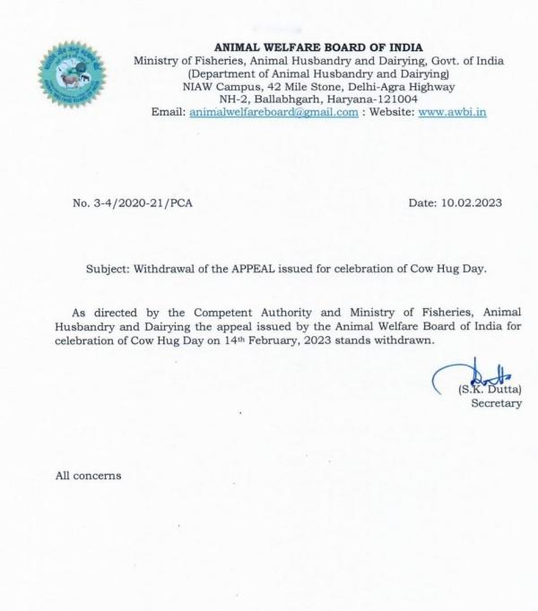 Animal Welfare Board withdraws Cow Hug Day on 14th February Animal Welfare Board withdraws Cow Hug Day on 14th February