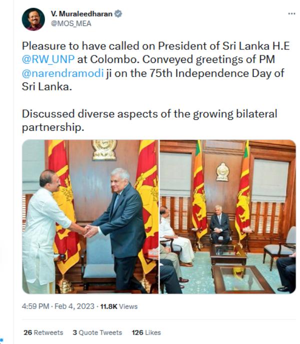 Indian Minister Muraleedharan meets Sri Lankan President Ranil Wickremesinghe