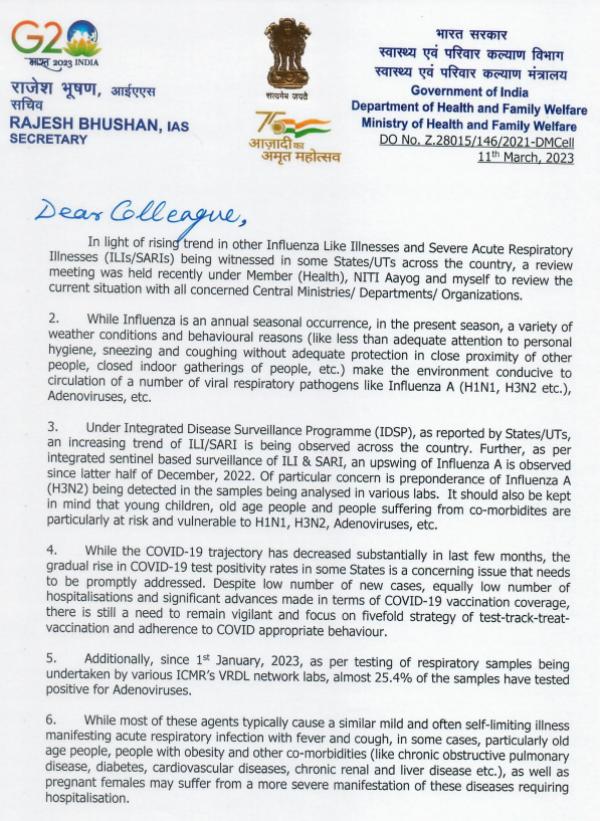 Union Health Secretary Rajesh Bhushan writes to all states over the rising Influenza like Illnesses 
