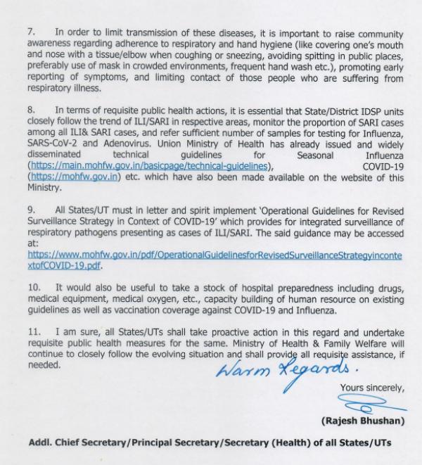  Union Health Secretary Rajesh Bhushan writes to all states over the rising Influenza like Illnesses 