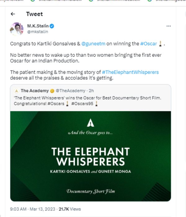 Oscars 2023: Tamilnadu CM MK Stalin wishes The Elephant Whisperers team 