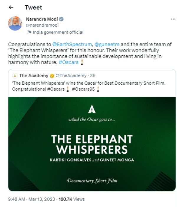 Oscars 2023: PM Modi, Tamilnadu CM MK Stalin congratulate team of The Elephant Whisperers 