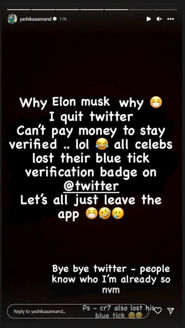 A post posted by Yashika Anand about the removal of blue tick on Twitter 