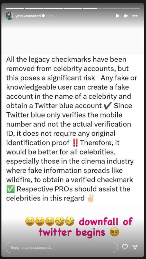 A post posted by Yashika Anand about the removal of blue tick on Twitter 