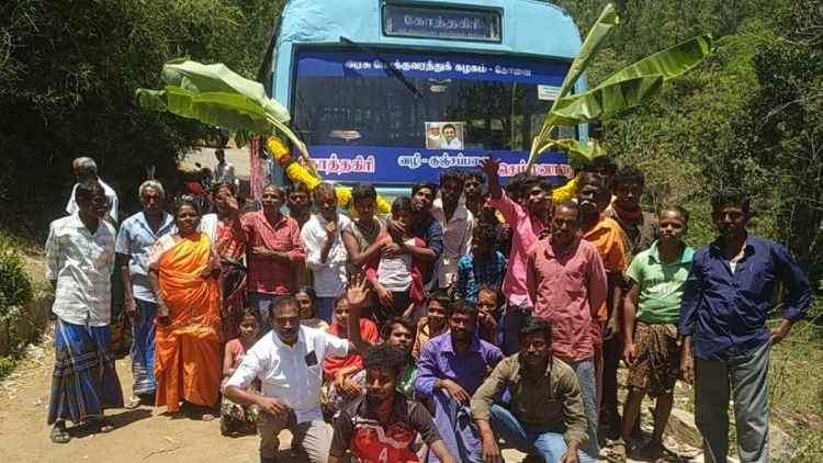 People from a village of Nilgris celebrated the arrival of the first bus to their village People from a village of Nilgris celebrated the arrival of the first bus to their village