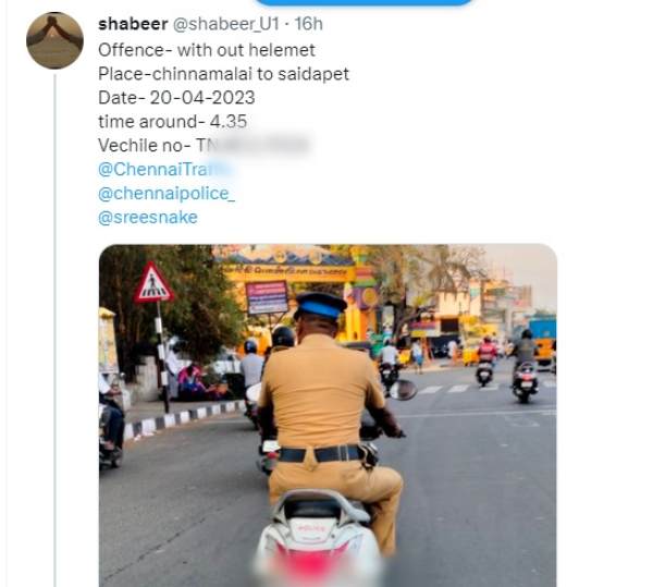 Chennai traffic police fined policeman for not wearing helmet after A citizen send photo 