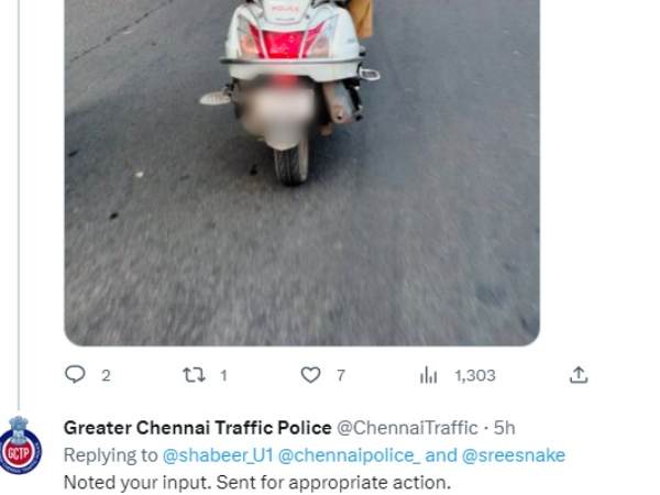Chennai traffic police fined policeman for not wearing helmet after A citizen send photo 