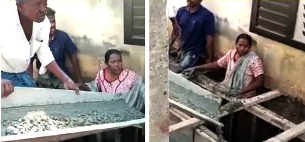 karur: a contractor poured concrete mixture on a protesting husband and wife who descended into a sewage drainage 