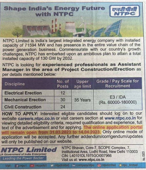 National Thermal Power Corporation 2023 recruitment for Assistant Manager 