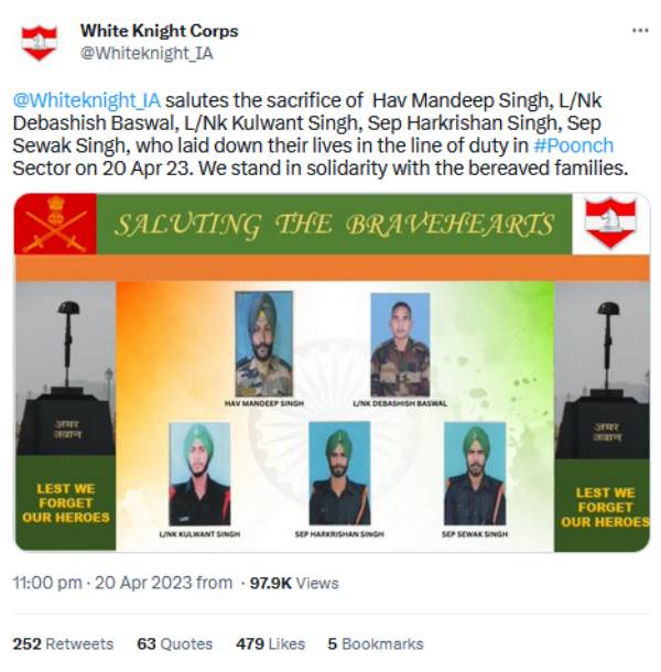 Indian army releases the names of five soldiers killed in poonch terror attack 